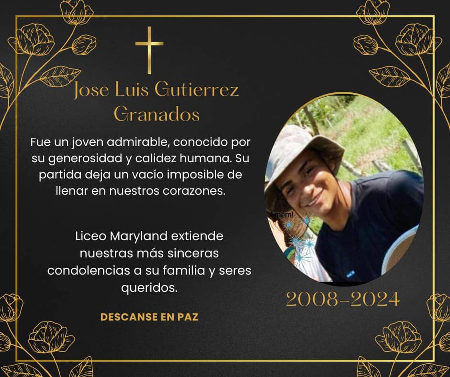 José Luis Gutiérrez Granados, de 15 años, murió golpeado por una rama en Siquirres. Foto: Tomada de Liceo de Maryland, Siquirres
