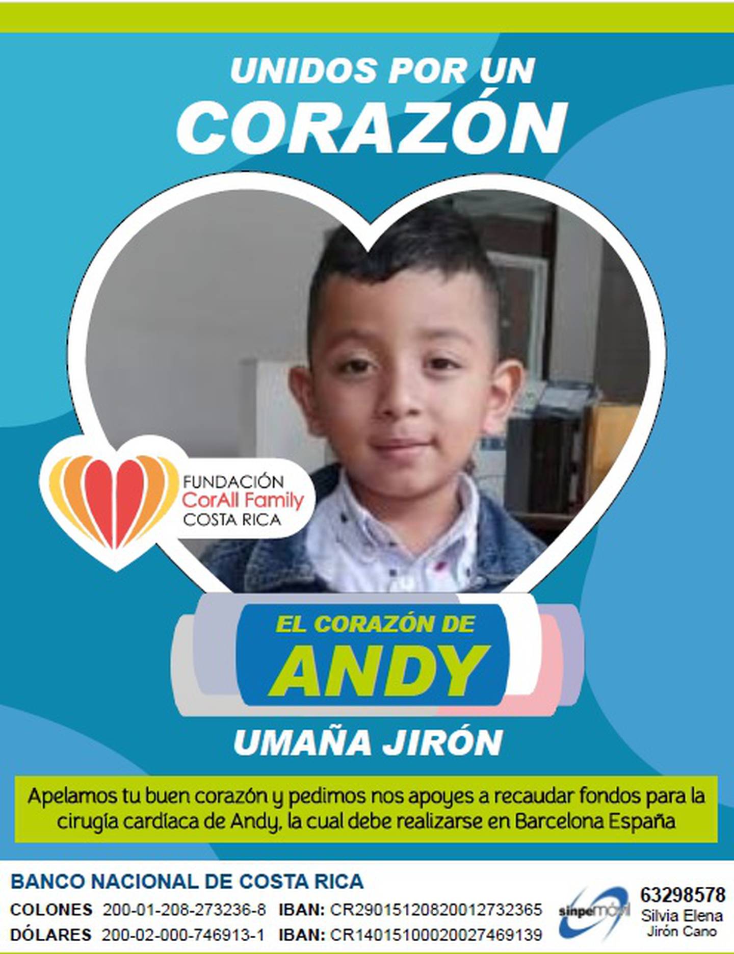 Andy Umaña Jirón, quien tiene 7 años, sufre de un problema en su corazón desde que nació y ocupa ahora operarse en España por eso hay una campaña para recoger unos 35 millones de colones.