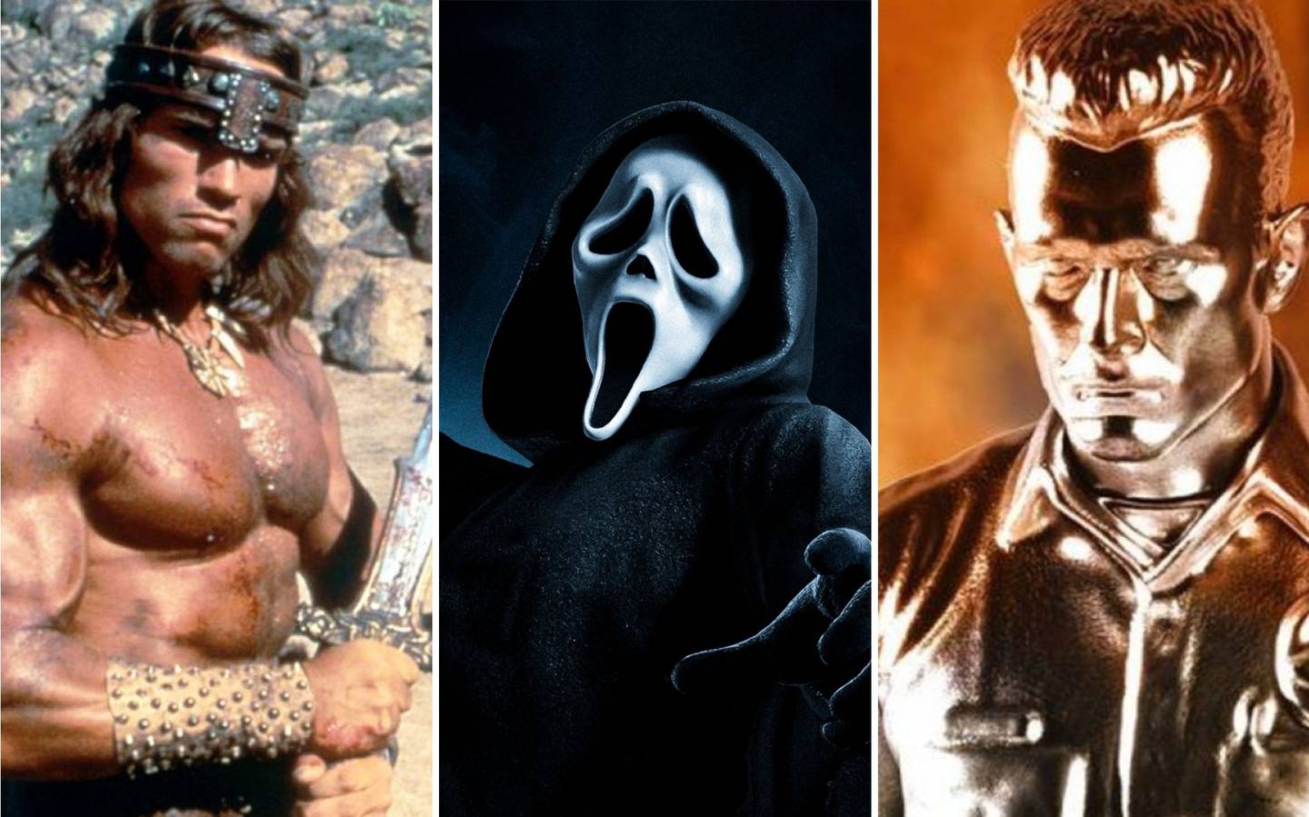 Conan el Bárbaro (izquierda), Ghostface (centro) y el T-1000 (derecha) pasarían de la pantalla grande al mundo de los videojuegos con Mortal Kombat 1.