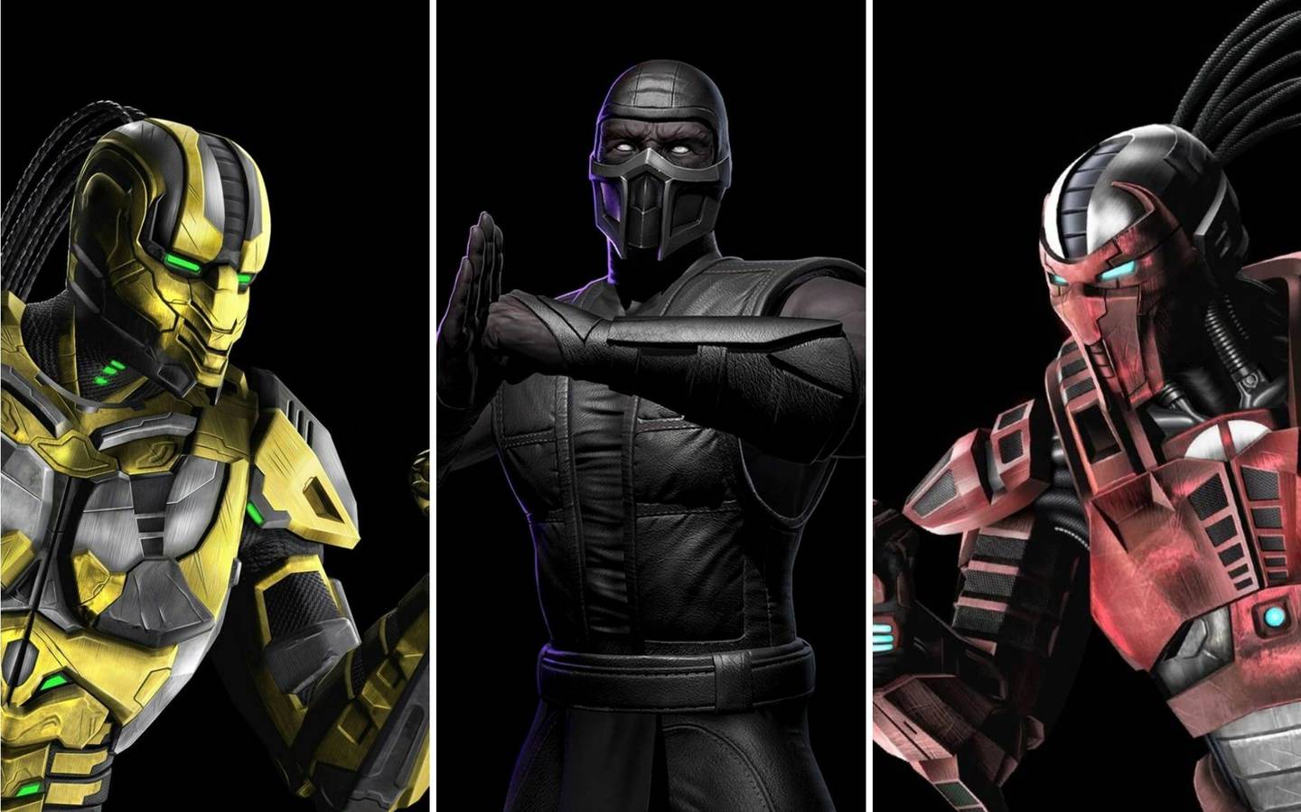 Cyrax (izquierda), Noob Saibot (centro) y Sektor (derecha) son tres personajes clásicos que hacen su regreso a Mortal Kombat 1. Foto: WB Games.
